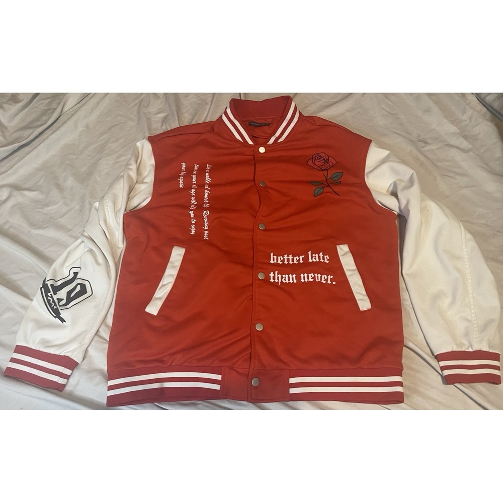 ROMWE Jacket Mens Large Red Varsity Snap Front Rose Graphic Quote Streetwear